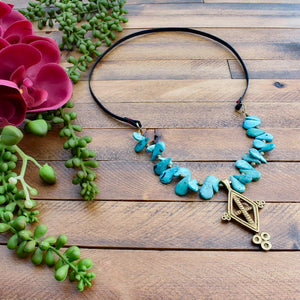 Turquoise and Leather Ashanti Brass Necklace