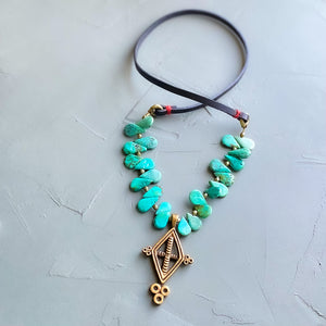 Turquoise and Leather Ashanti Brass Necklace