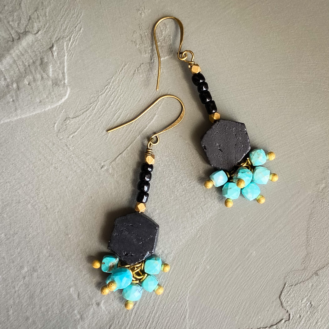 Tourmaline and Turquoise Hex Dangle Earrings