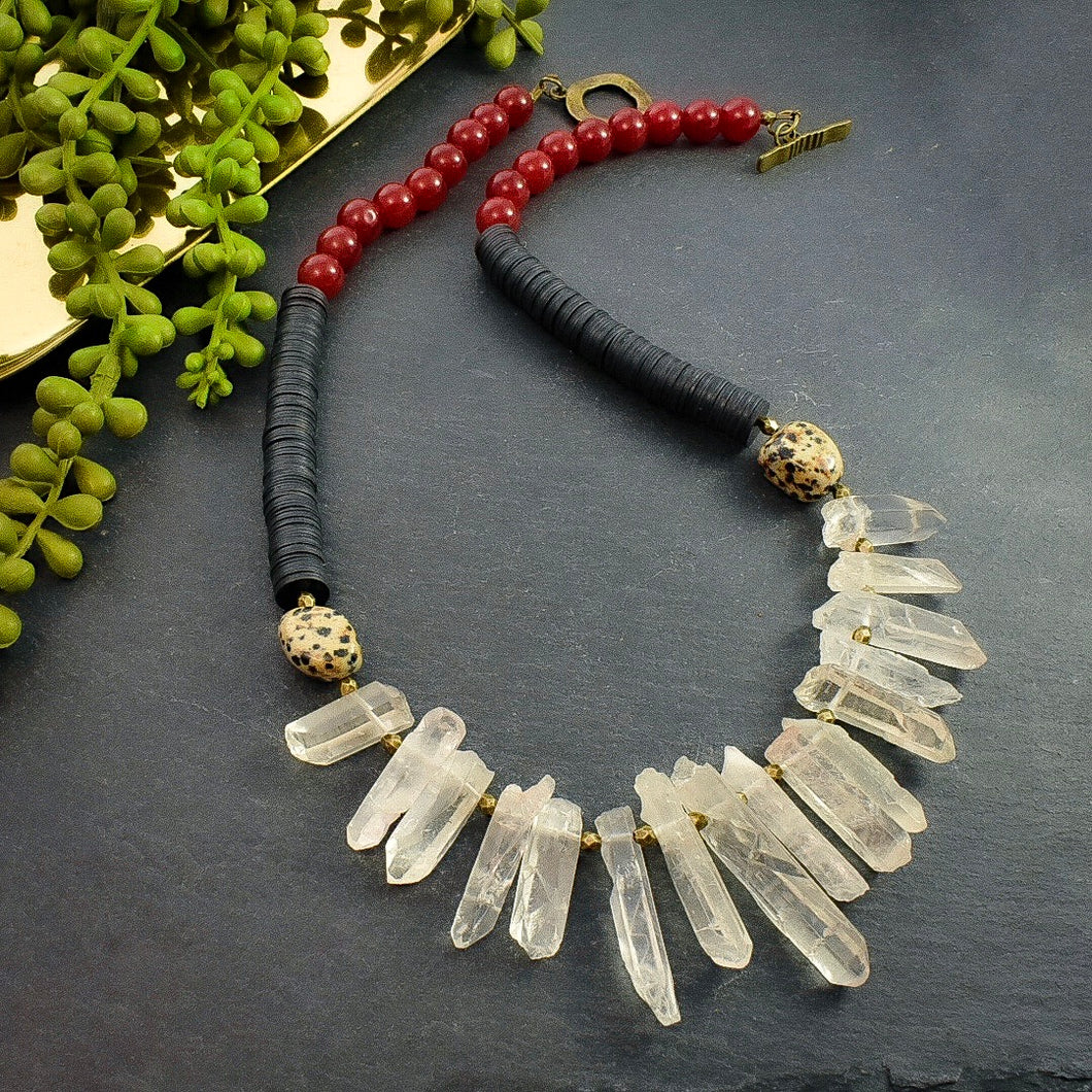 Quartz Forward: Dalmatian Jasper, Vinyl, Red Jade Necklace - Afrocentric jewelry