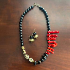 Coral, Jasper, and Onyx Abstract Statement Necklace