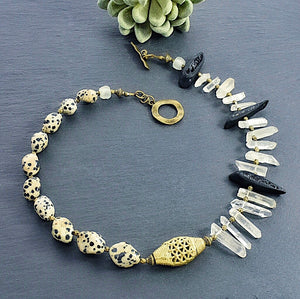 Quartz, Dalmatian Jasper and Ashanti Brass Necklace - Afrocentric jewelry
