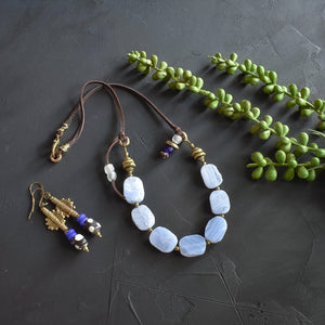 Blue Lace Agate and Brown Suede Necklace