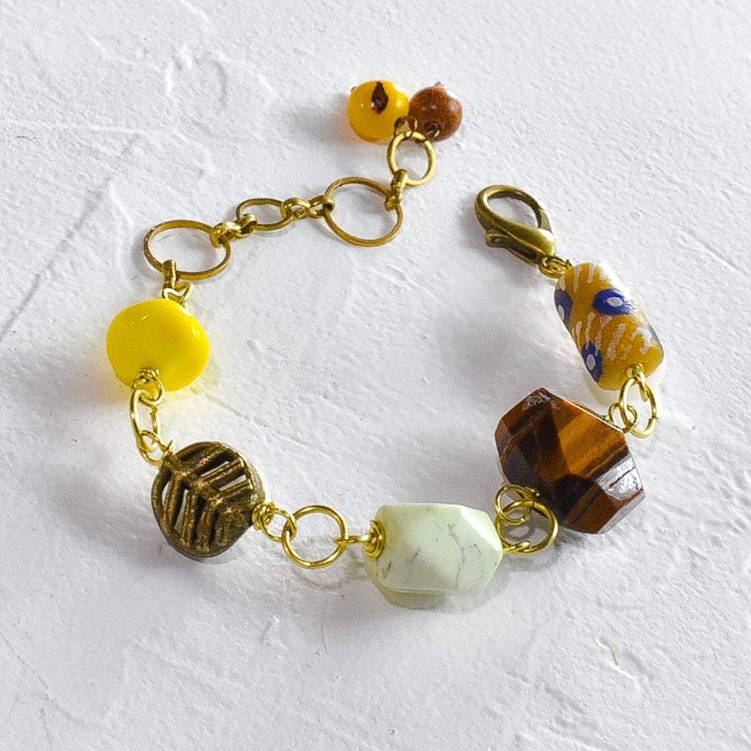 Tiger's Eye and Yellow African Beaded Charm Bracelet