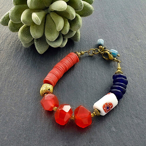 Red and White African Trade Bead Bracelet