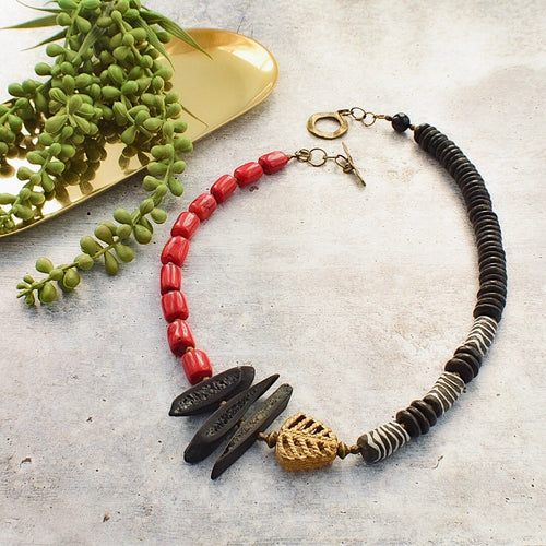 Asymmetrical Bamboo Coral and Recycled Glass Statement Necklace - Afrocentric jewelry