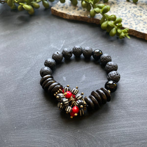 Black and Red Cluster African Beaded Bracelet