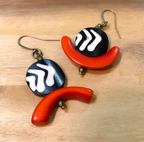 C-Saw Abstract Mismatched Tagua and Batik Earrings - Afrocentric jewelry