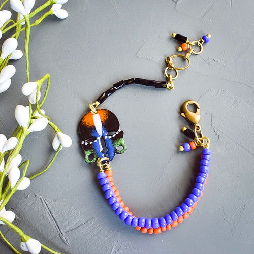 Black and Blue and Orange African Mask Wishbone Bracelet