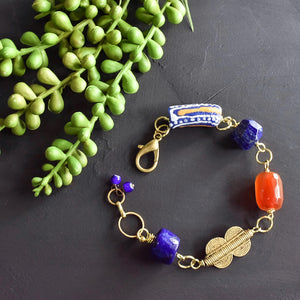Lapis and Carnelian African Beaded Charm Bracelet (Reserved for AR)