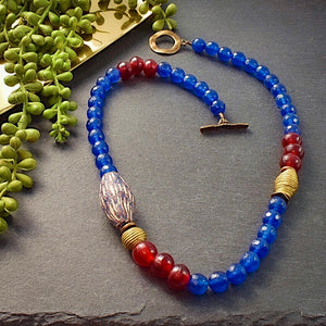 Blue Agate and Red Recycled Glass Necklace - Afrocentric jewelry