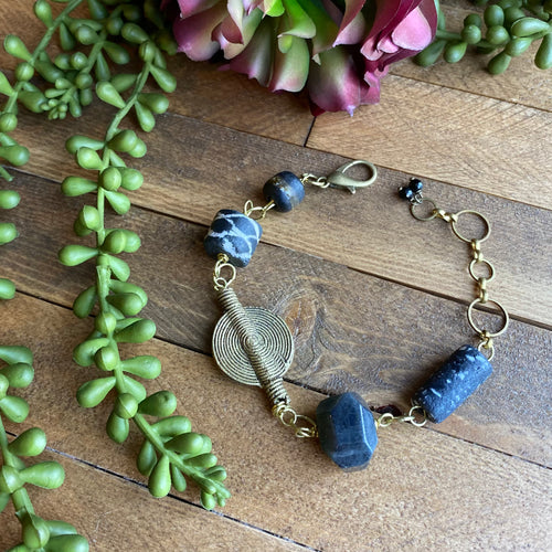 Labradorite and Black African Beaded Charm Bracelet