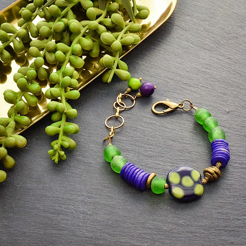 Kazuri Purple and Green Beaded Toggle Bracelet - Afrocentric jewelry