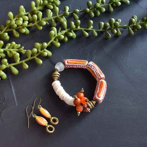 Orange and White Cluster African Bracelet