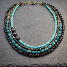 Load image into Gallery viewer, Black and Teal African Glass Multi-strand Necklace - Afrocentric jewelry