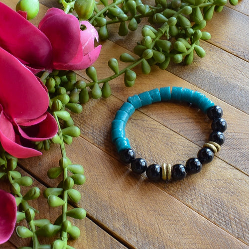 Black and Teal African Beaded Bracelet