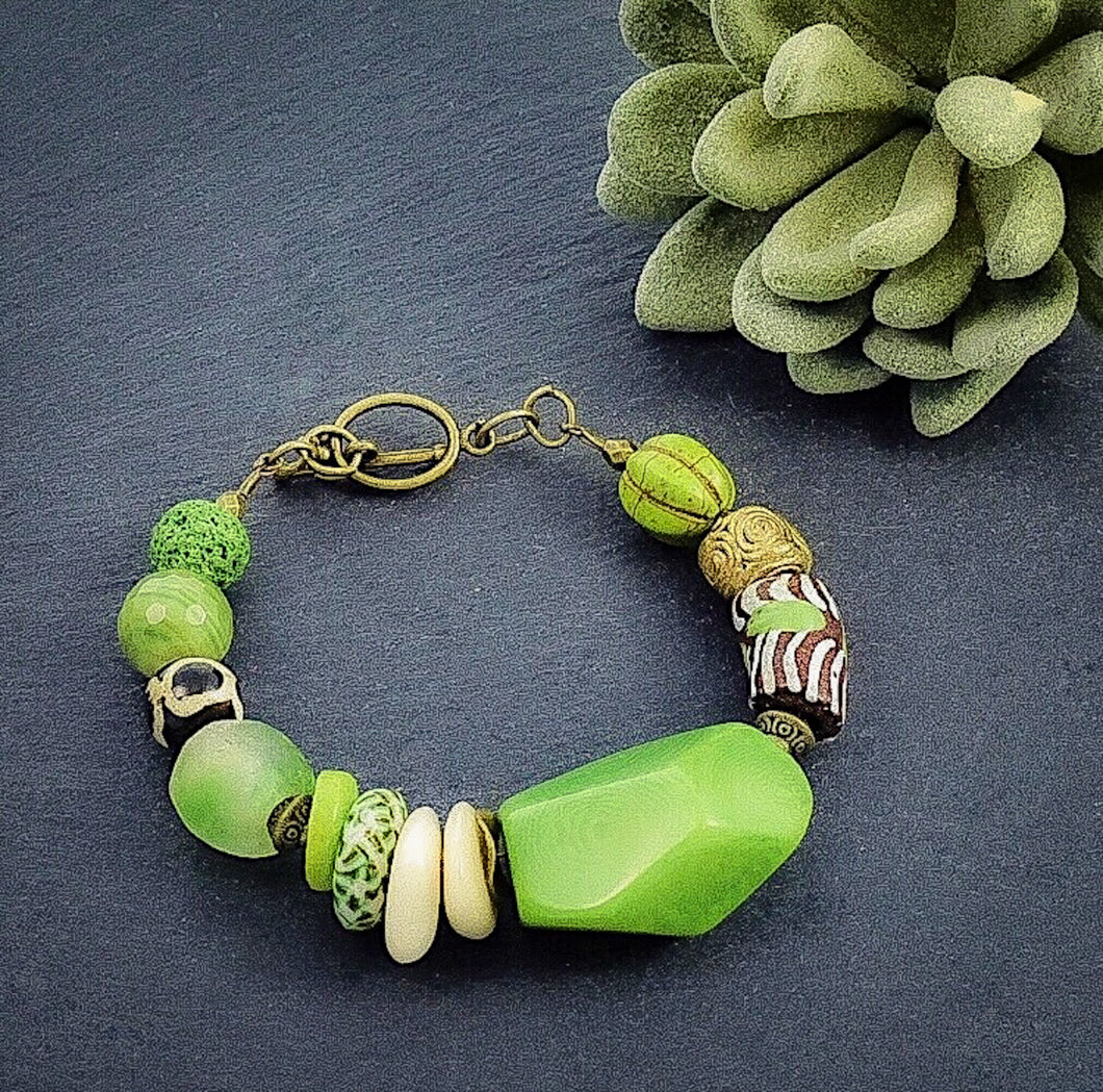 Green African Trade Bead and Tagua Toggle Bracelet - Afrocentric jewelry