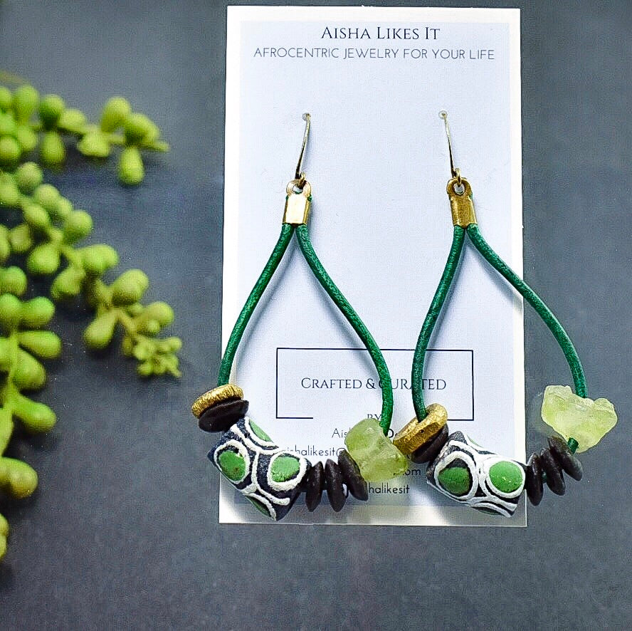 Green and Black Leather Hoop Earrings with African Recycled Glass - Afrocentric jewelry