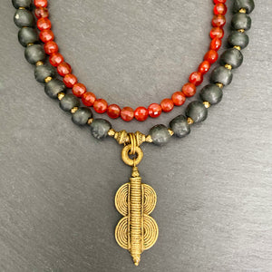 Carnelian and Grey Recycled Glass Double Strand Suede Necklace