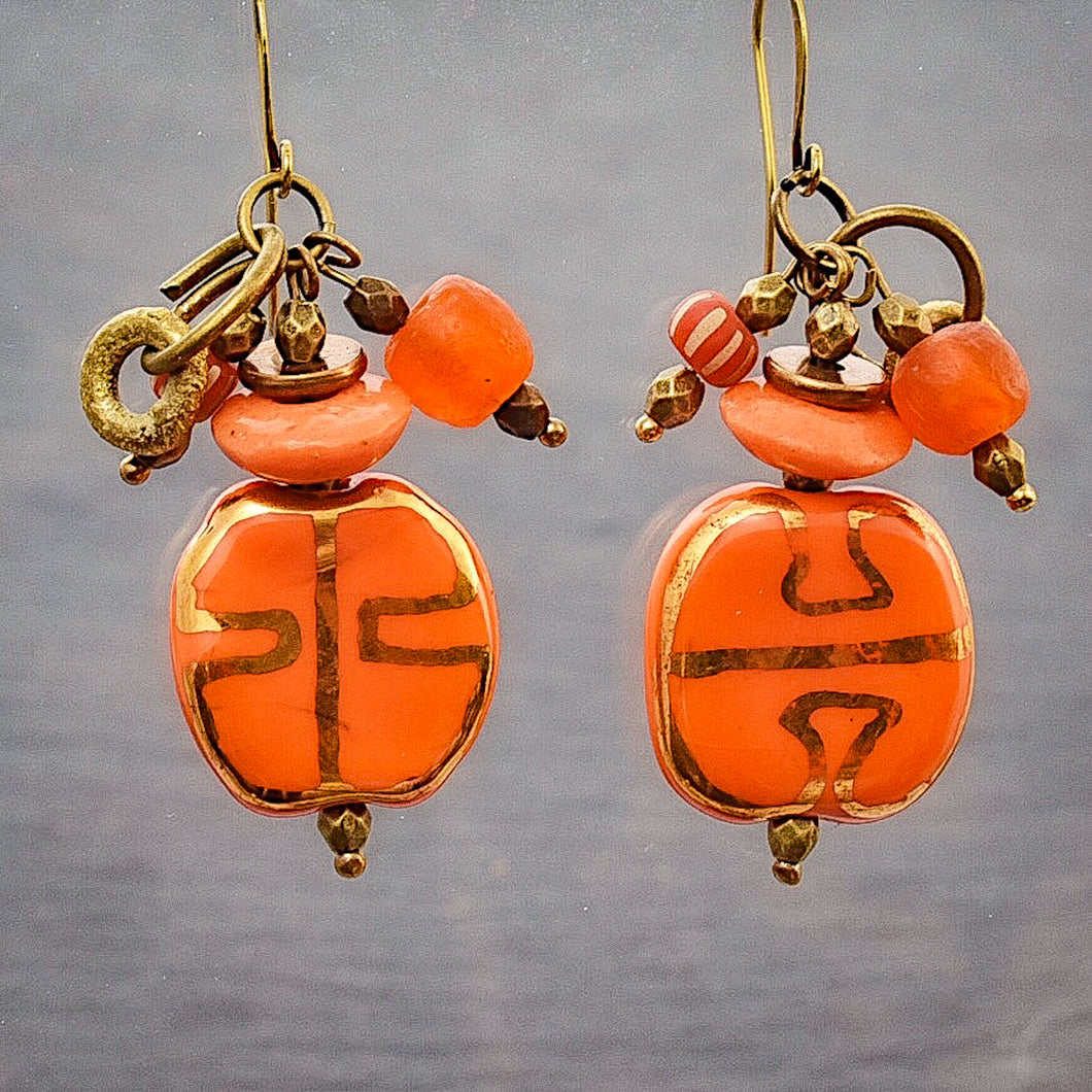 Orange and Gold Kazuri African Brass and Recycled Glass - Afrocentric jewelry
